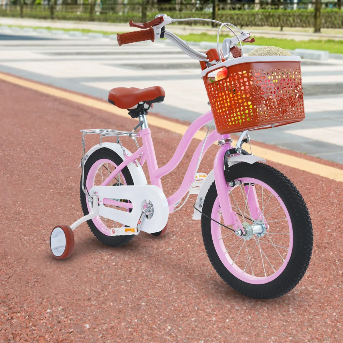 Vélo enfant rose et beige avec roues auxiliaires