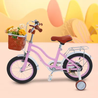 Vélo enfant rose et beige avec roues auxiliaires – image 2