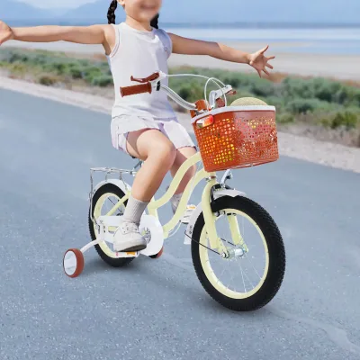Vélo enfant rose et beige avec roues auxiliaires – image 3